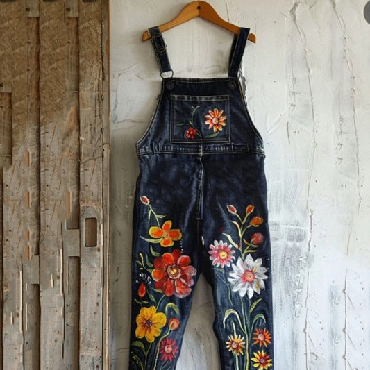 Mono vaquero con estampado floral de plantas y pintura al óleo