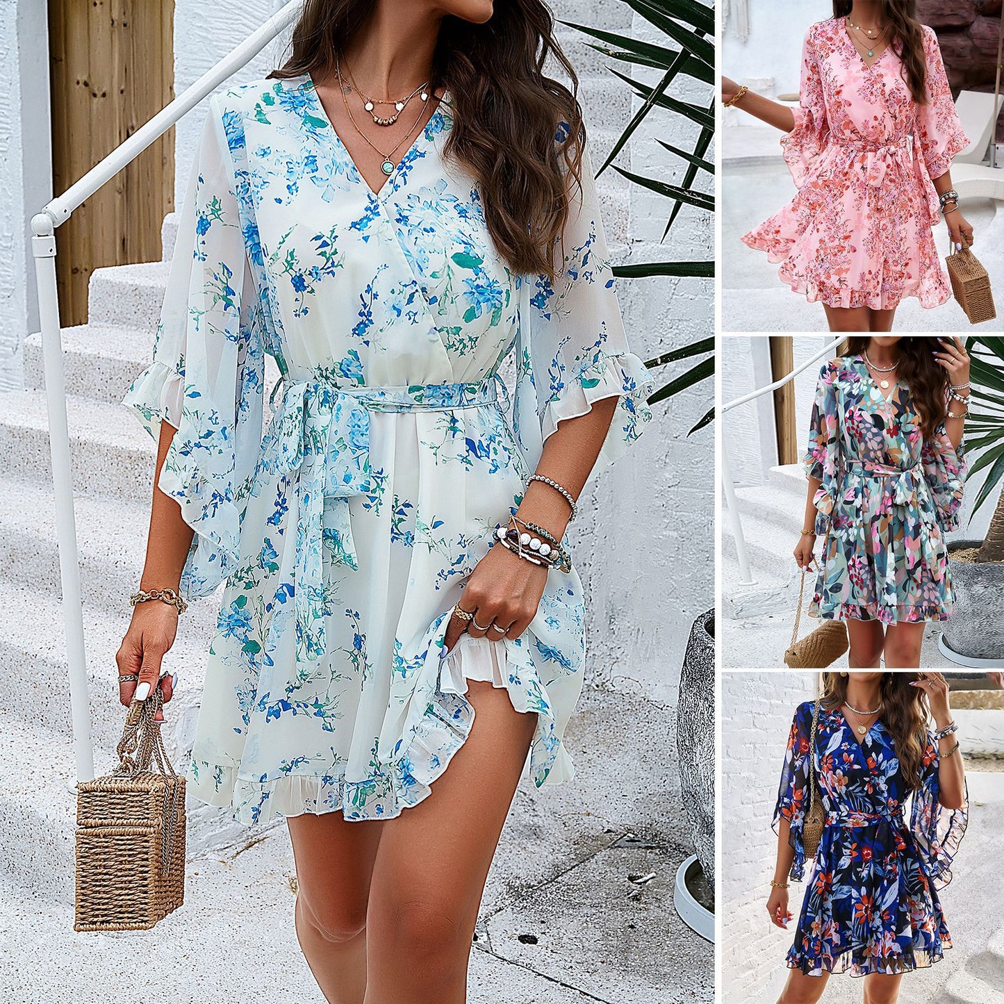 Robes courtes à manches courtes et imprimé floral d'été, avec lacets et volants, col en V tendance, vêtements pour femmes