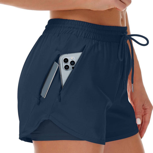 Pantalones cortos deportivos para mujer, de correr, yoga, dos piezas falsas
