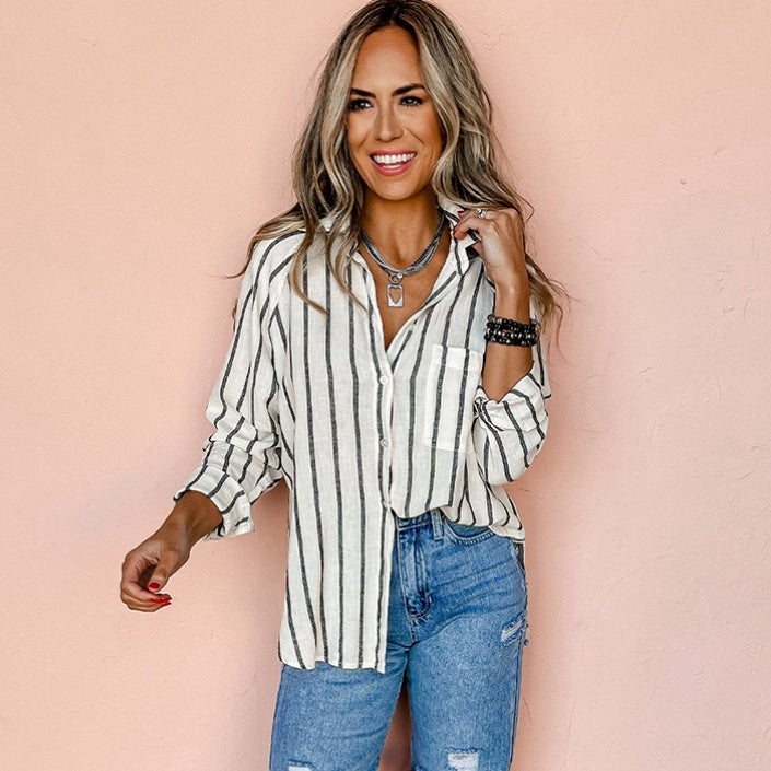 Chemise rayée à col polo pour femmes, style européen et américain