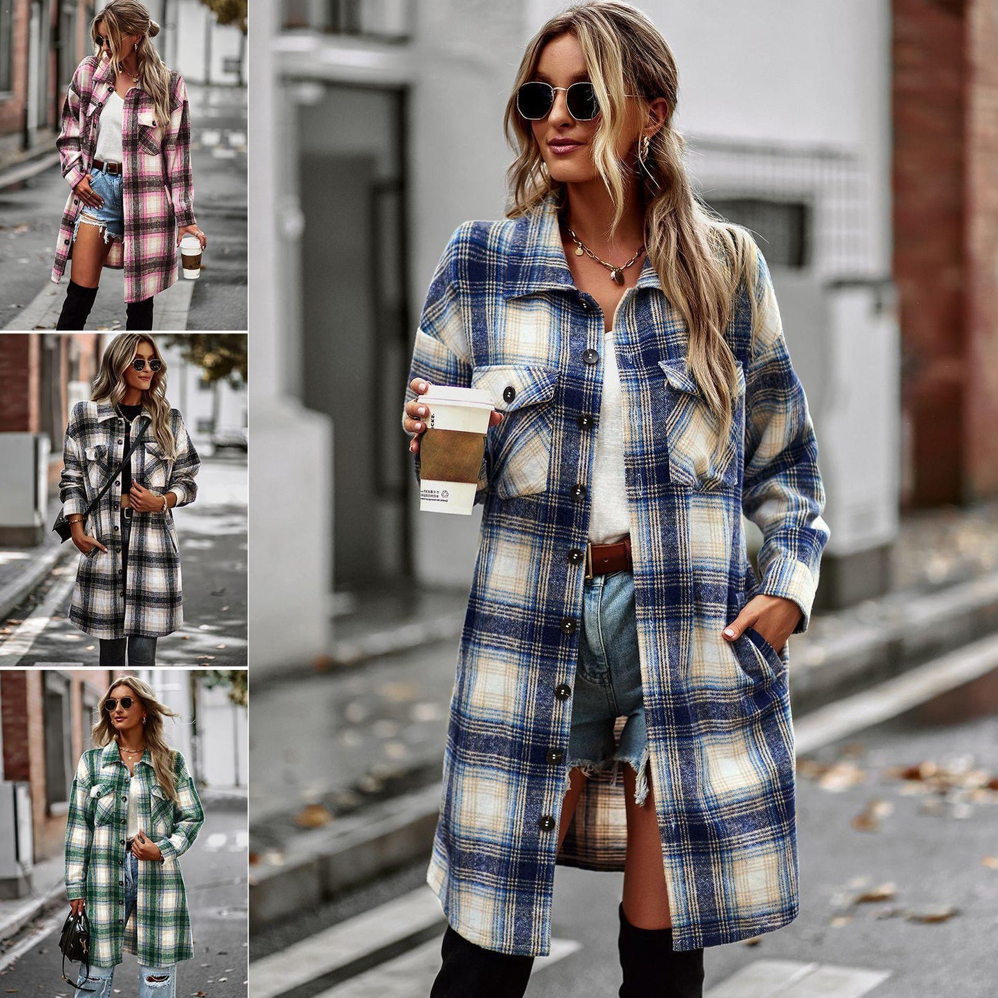 Manteau cardigan long à carreaux pour femme, style décontracté et élégant