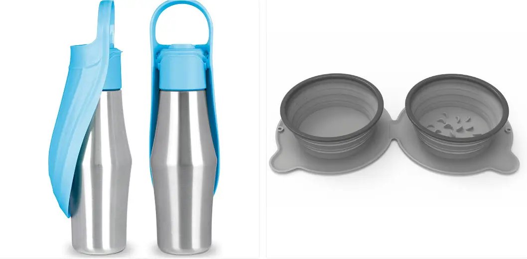 AdTec portable dog water bottle with blue silicone sleeve; 2-piece travel set with collapsible gray bowls