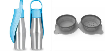 AdTec portable dog water bottle with blue silicone sleeve; 2-piece travel set with collapsible gray bowls