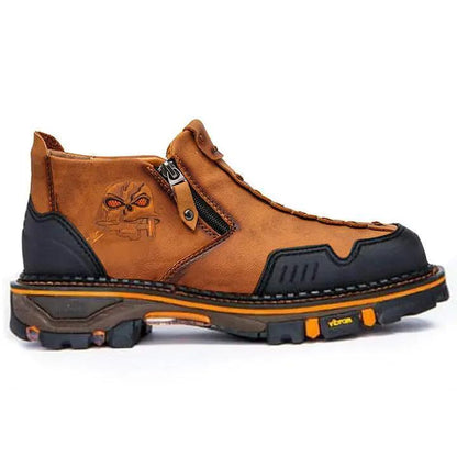Luma men's skull Martin boots in tan leather with black toe cap and orange contrast stitching, AdTec brand.