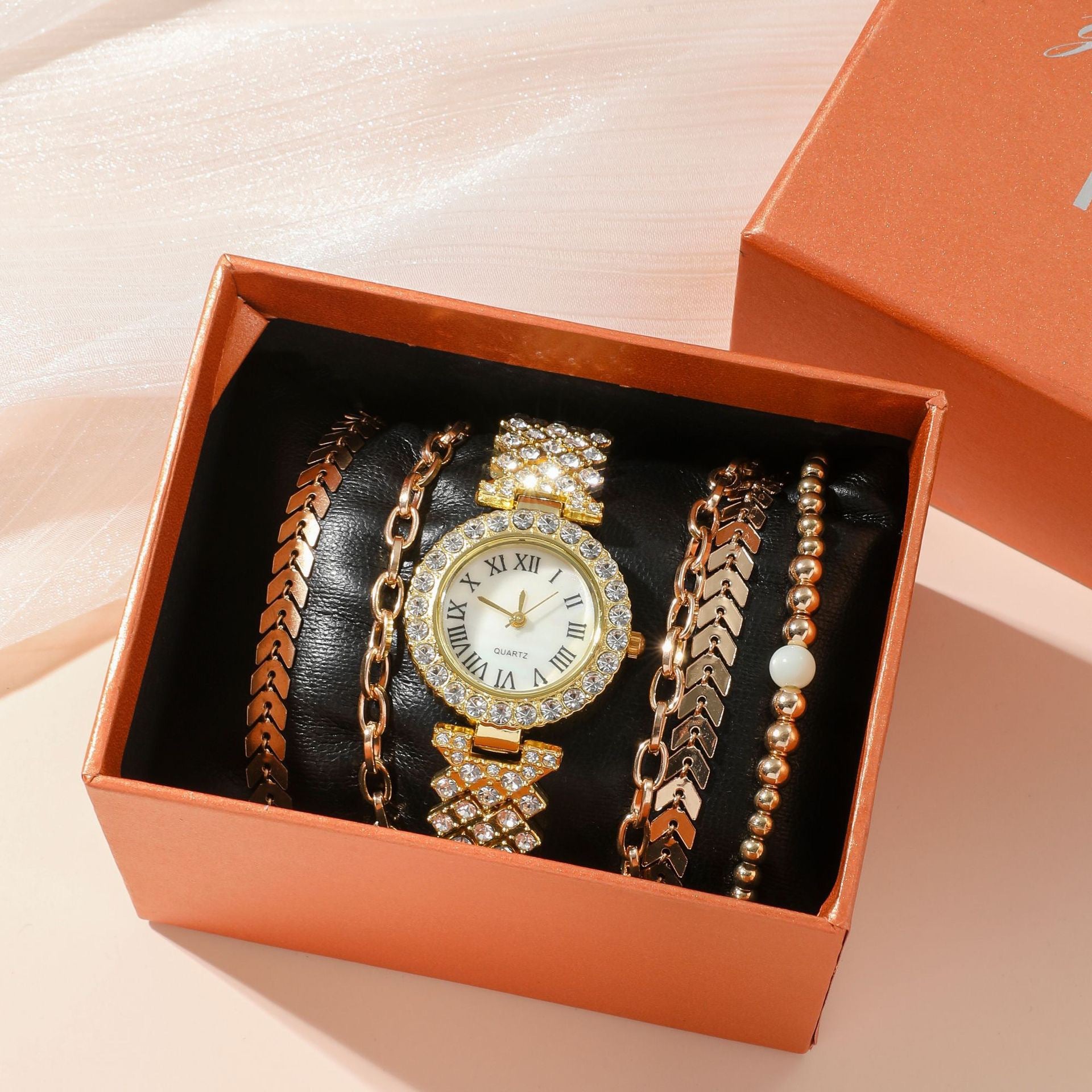 Reloj de pulsera de diamante para mujer, de lujo, a la moda, con caja de regalo, pulsera de reloj, juego de seis piezas