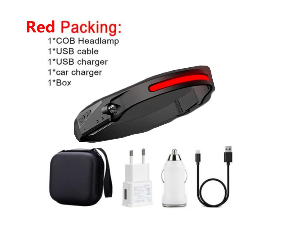 Linterna frontal de inducción LED COB, recargable por USB, resistente al agua, para camping, con todas las perspectivas, luz de caza