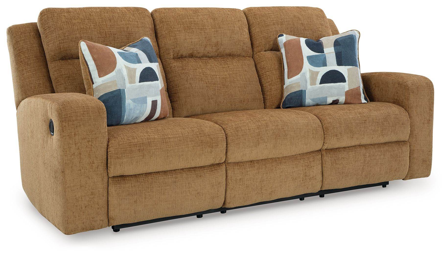 Kanlow Fabric Reclining Sofa Honey Color with Accent Pillows-0