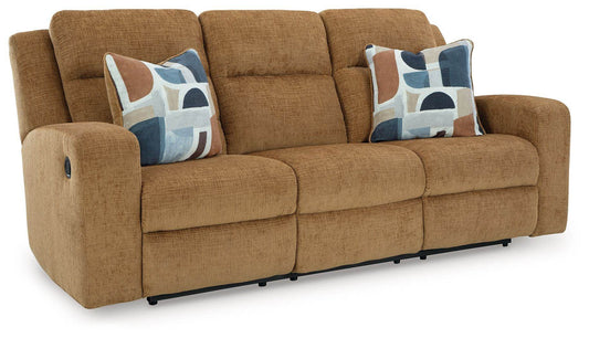 Kanlow Fabric Reclining Sofa Honey Color with Accent Pillows-0