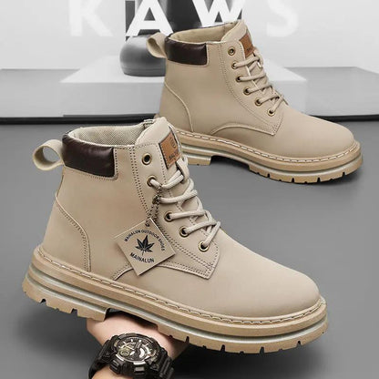 Winter trendy workwear boots for teens, AdTec beige ankle boots with brown padded collar and rugged sole.