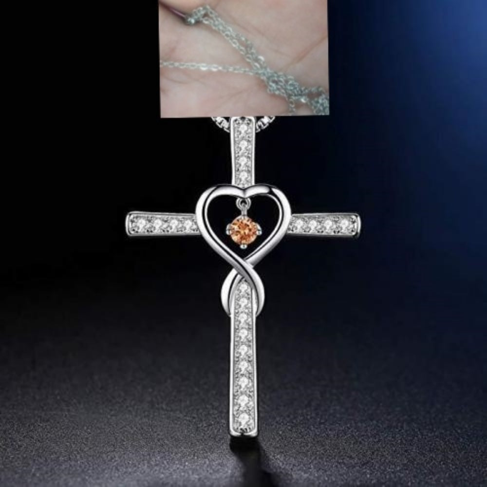 Infinito Amor Dios Confiamos Cruz Cristiana Piedra Natal Collar Colgante Gemas de Color Circón Corazón Collar Joyería para Mujer
