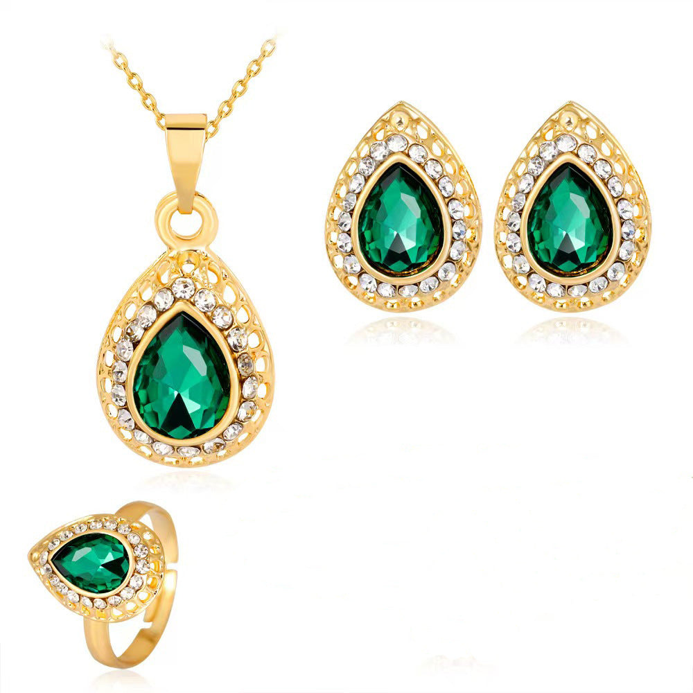 Exquisito Conjunto de Joyas de Tres Piezas: Collar y Pendientes de Aleación Multicolor en Forma de Gota de Agua