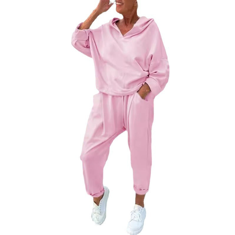 Conjunto de dos piezas de sudadera con capucha de color liso para mujer