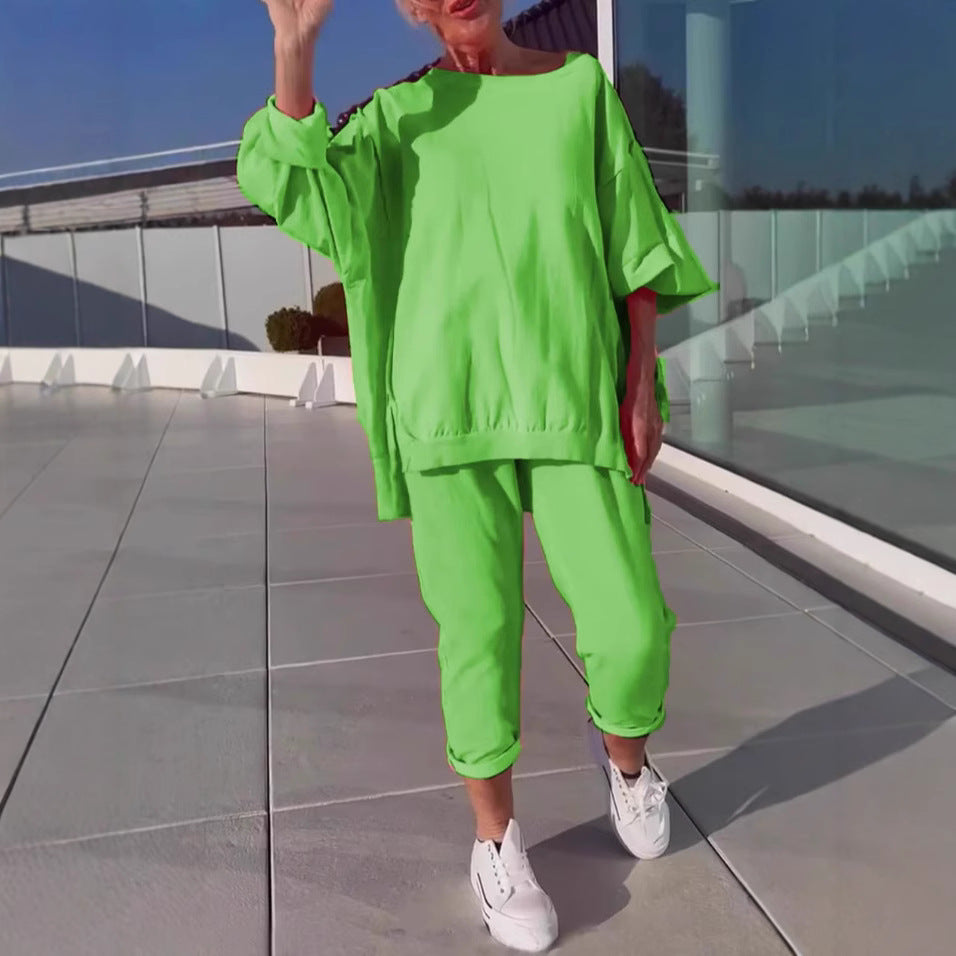 Casual Solid Color Round Neck Long Sleeve Top Two-piece Pants