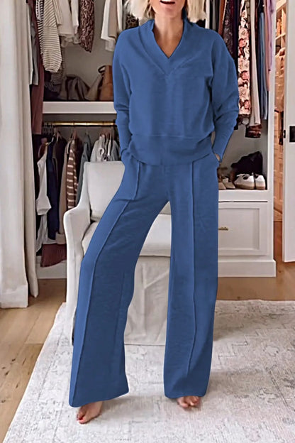 Ensemble deux pièces col en V manches longues haut ample pantalon large