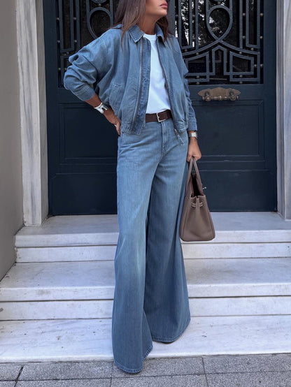 Ensemble veste courte en jean bleu clair et jean large