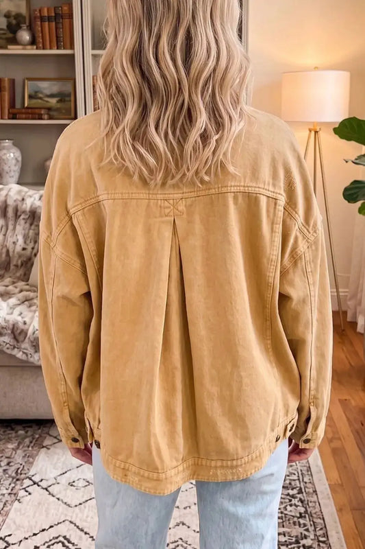 Washed long-sleeve denim trucker jacket with metal button front by Trendsi in tan cotton-blend