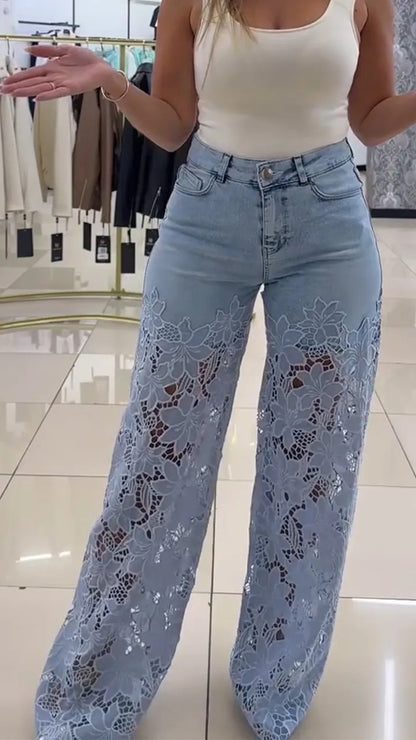 Jeans en jean patchwork tendance pour femmes avec détails en dentelle ajourée