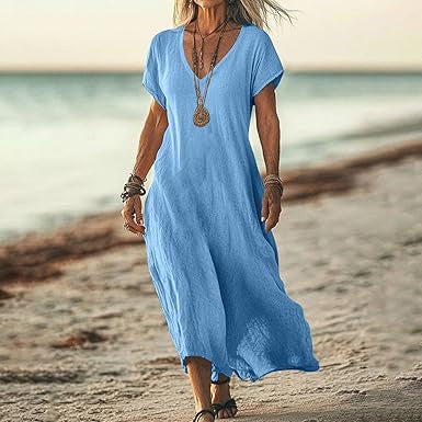 Robe ample unie en coton et lin à col en V