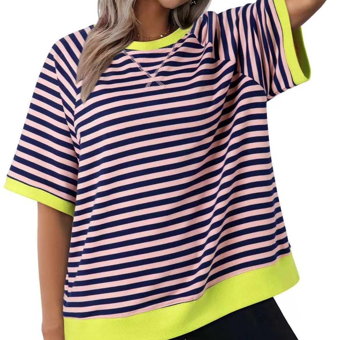 Camiseta suelta informal de rayas versátil para mujer