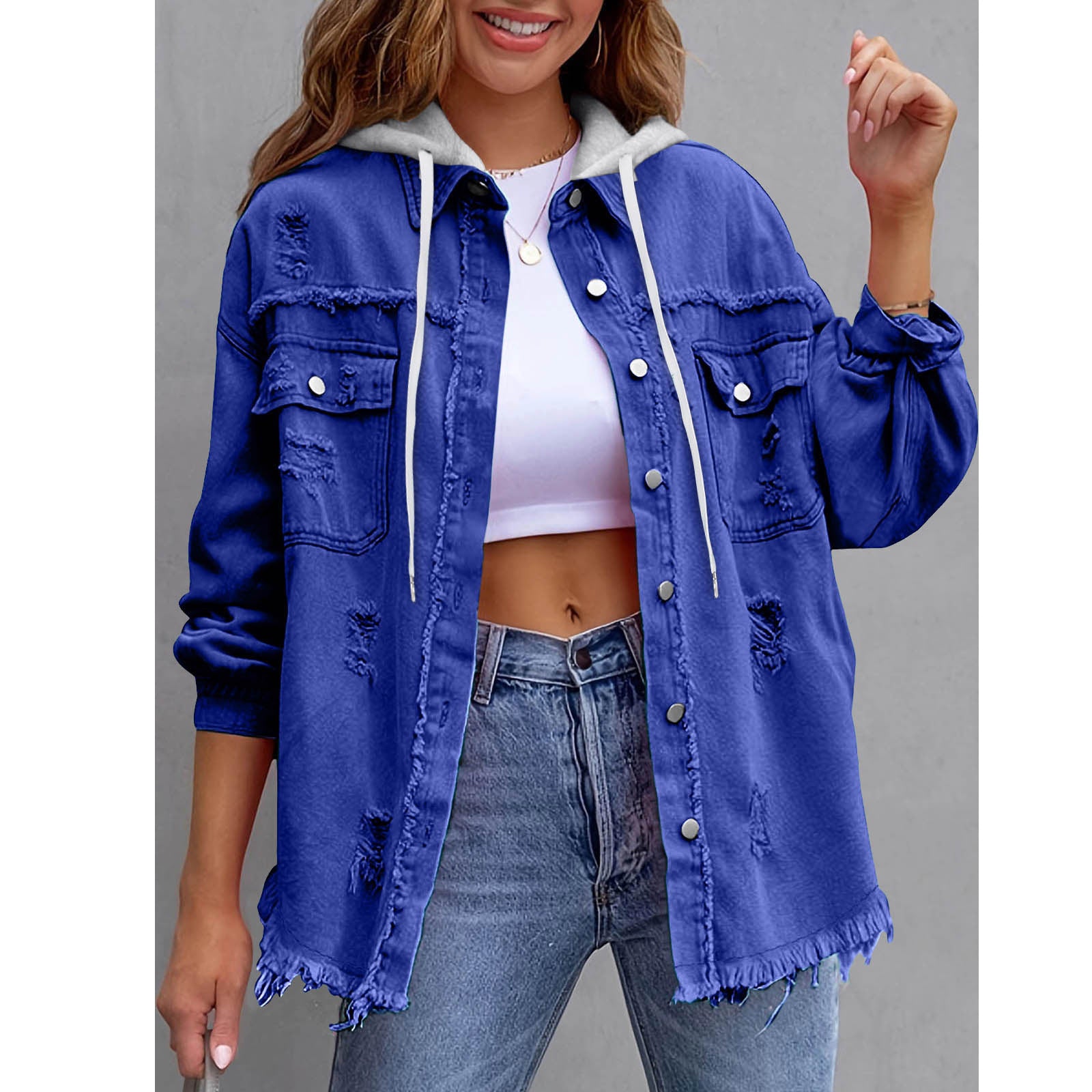Chaqueta vaquera con capucha holgada de color liso para mujer