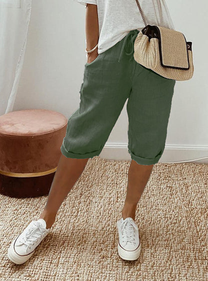 Shorts décontractés en coton et lin avec poches et taille élastique pour femme