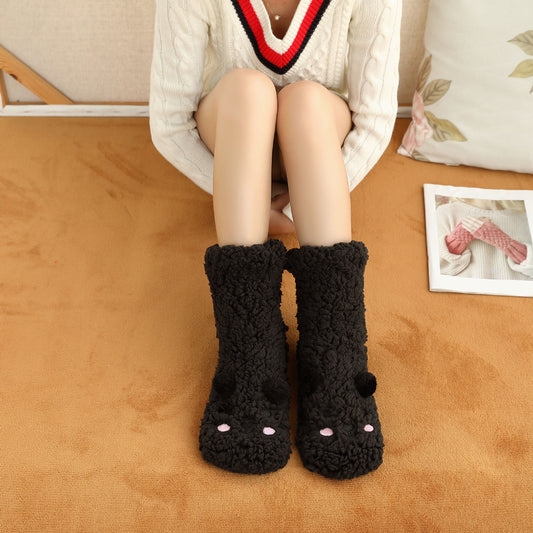 Calcetines de Navidad bonitos y kawaii para dormir en casa, para mujeres, de invierno, de coral, gruesos, de terciopelo, cálidos, para confinamiento, con PopSocket.