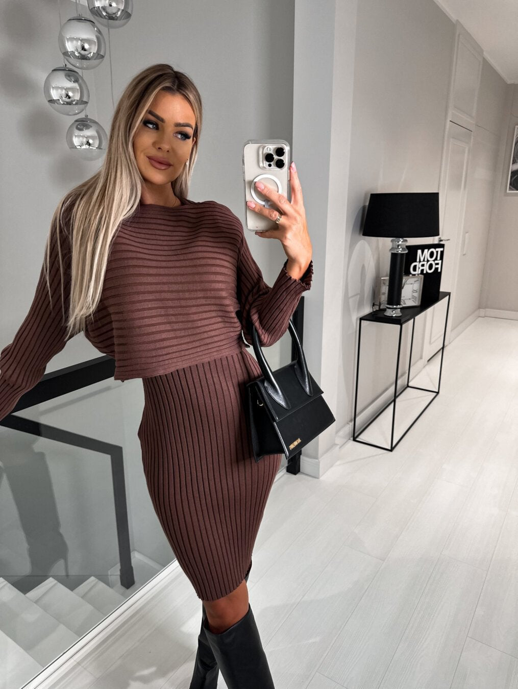 Ensemble deux pièces mode couleur unie jupe en laine
