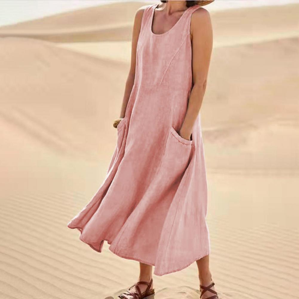 Vestido Largo de Verano sin Mangas con Bolsillos, Vestidos Casuales Sueltos de Moda, Ropa de Mujer