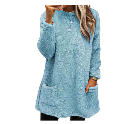Sweat-shirt pull polaire long pour femmes avec poches Hiver chaud Épaissir Sweatershirt Décontracté Manches longues Peluche Hauts Manteau à capuche Streetwear Tenues amples d'automne Hauts à capuche