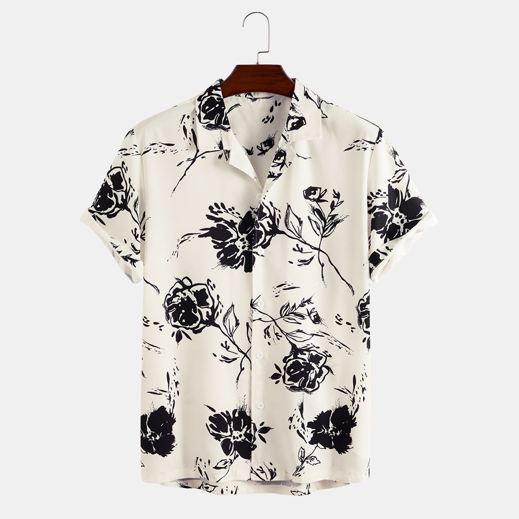 Short Sleeve Men's Rose Print Fashion Casual Men's Shirt