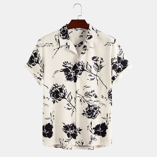 Short Sleeve Men's Rose Print Fashion Casual Men's Shirt