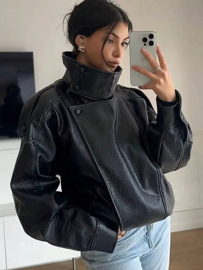 Women's stand-collar PU leather jacket by AdTec, black, loose oversized fit.