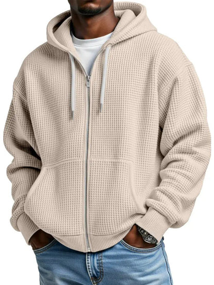 AdTec men's warm zip-up hoodie in beige waffle-knit fabric with kangaroo pockets and ribbed cuffs