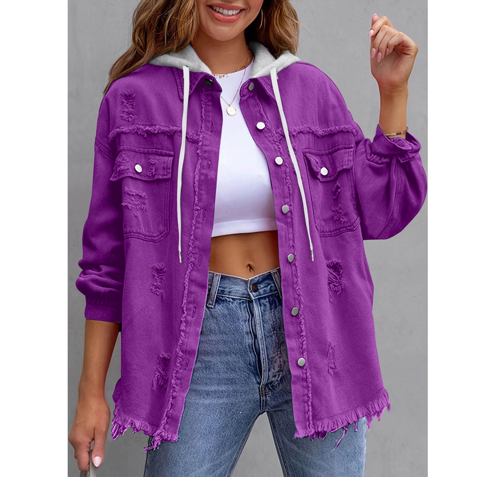 Chaqueta vaquera con capucha holgada de color liso para mujer