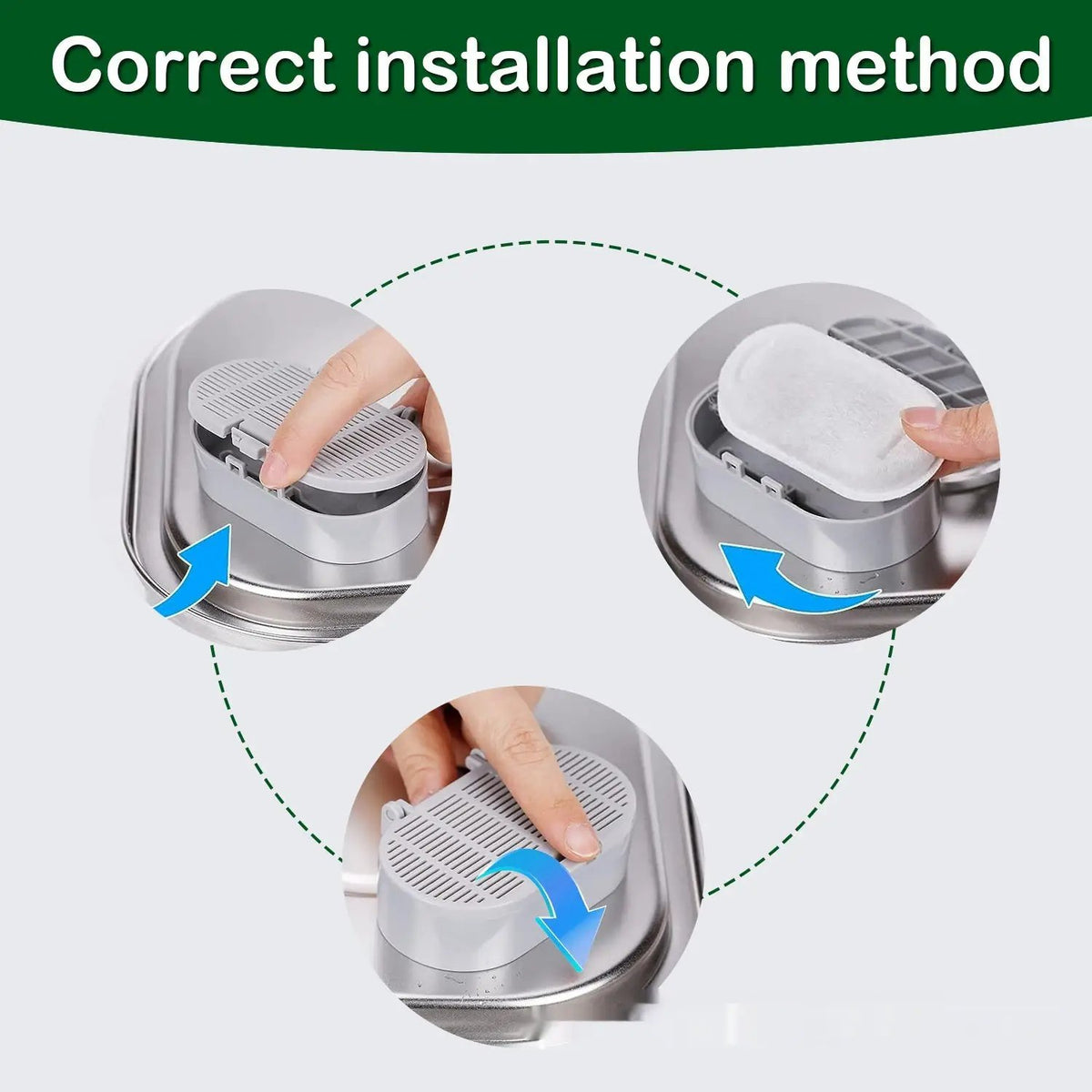 Non-woven fabric pet water dispenser filter element with stainless steel housing; installation steps shown.
