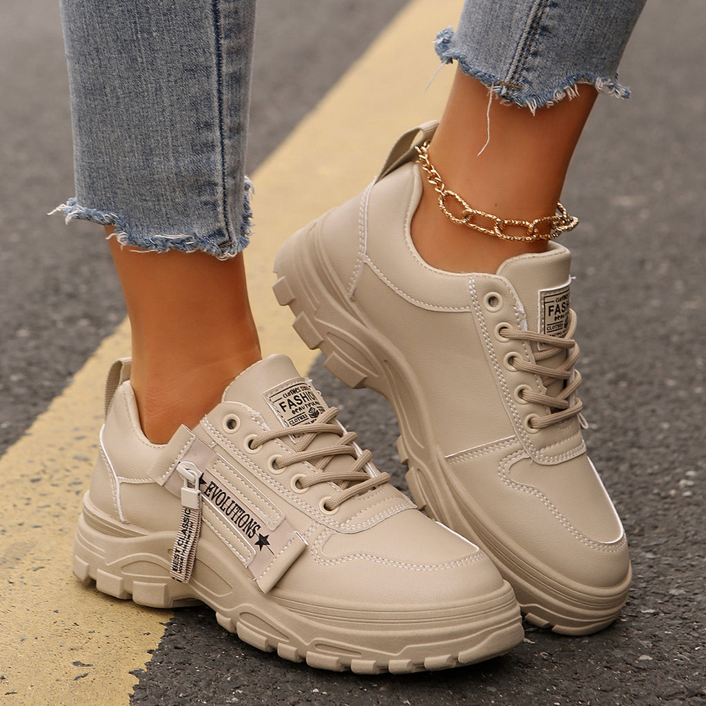 Zapatillas deportivas con cordones, diseño de cremallera lateral, suela gruesa, punta redonda, informales para mujer