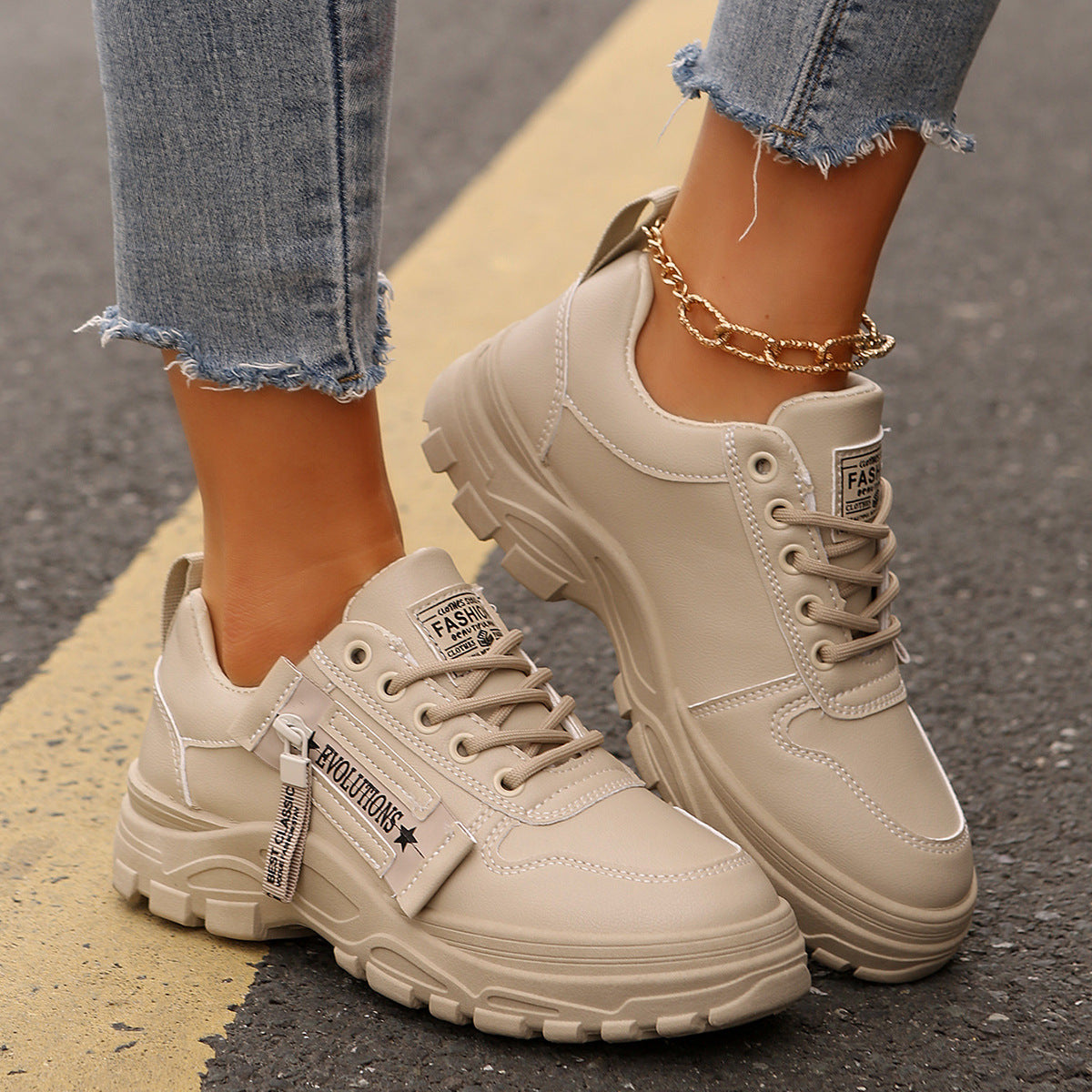 Zapatillas deportivas con cordones, diseño de cremallera lateral, suela gruesa, punta redonda, informales para mujer