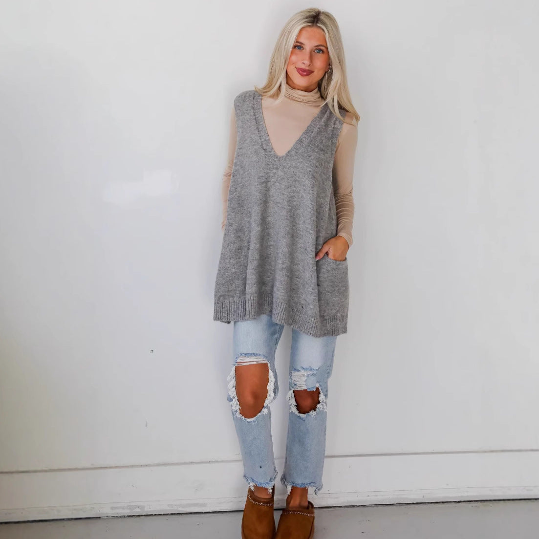 Gilet Jupe en Laine Décontracté avec Poches pour Femme