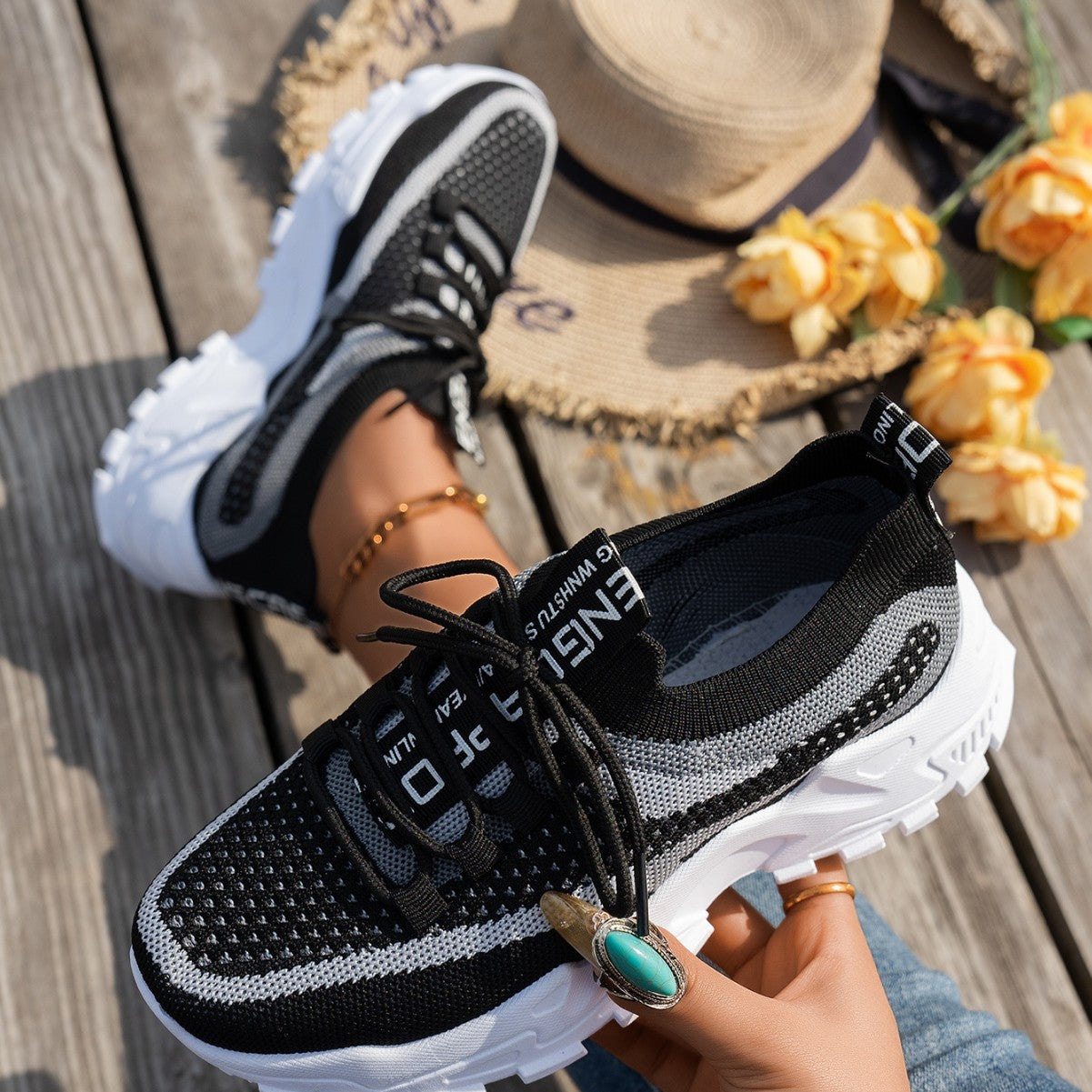 Zapatillas de malla Flyknit para mujer, transpirables, con cordones, para caminar, correr, informales