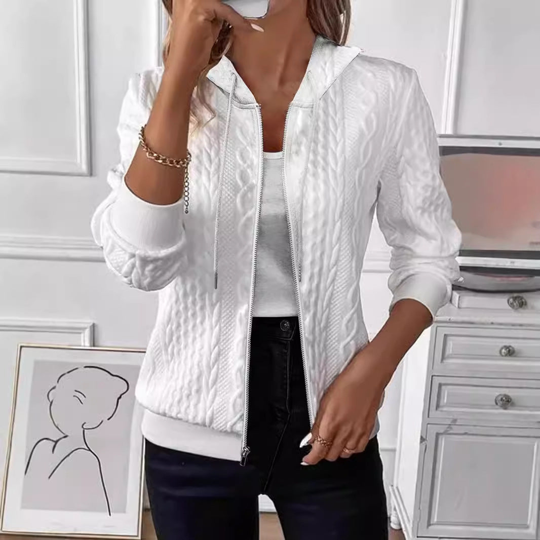 Manteau à capuche zippé en tricot à manches longues de couleur unie