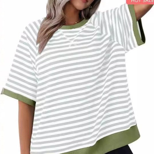 Camiseta suelta informal de rayas versátil para mujer