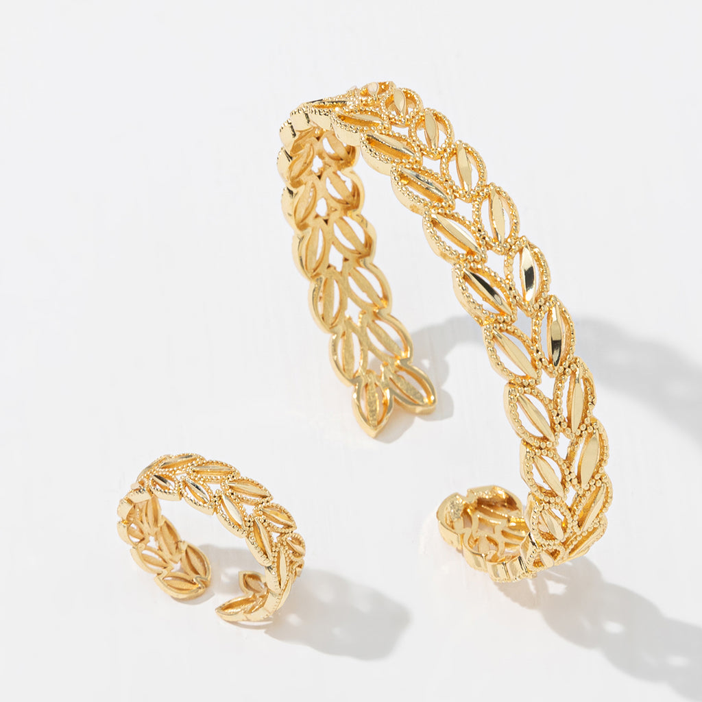 2 Pièces Ensemble Bague et Bracelet Ouvrant Feuilles Épis de Blé Plaqué Or 18 carats Tendance, Idéal pour le Quotidien des Femmes, Bijoux Cadeaux de Vacances