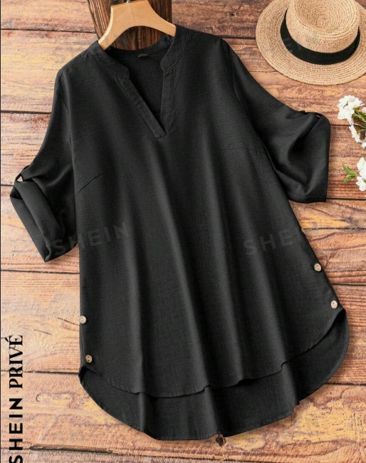 Blusa de Talla Grande con Escote de Muesca, Mangas Enrrollables y Bajo Alto-Bajo