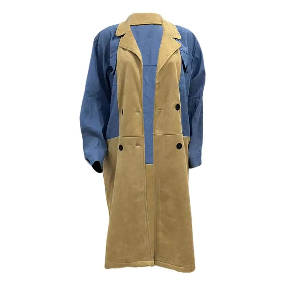 Women's Suit Collar Denim Stitching Mid-length Coat