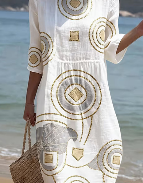 Robe décontractée en coton et lin imprimée à col rond et manches mi-longues pour femmes
