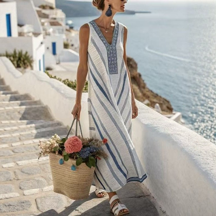 Robe sans manches rayée à encolure en V, imprimé style vacances