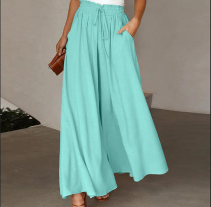 Pantalon long taille haute et large pour femme avec ceinture élastique