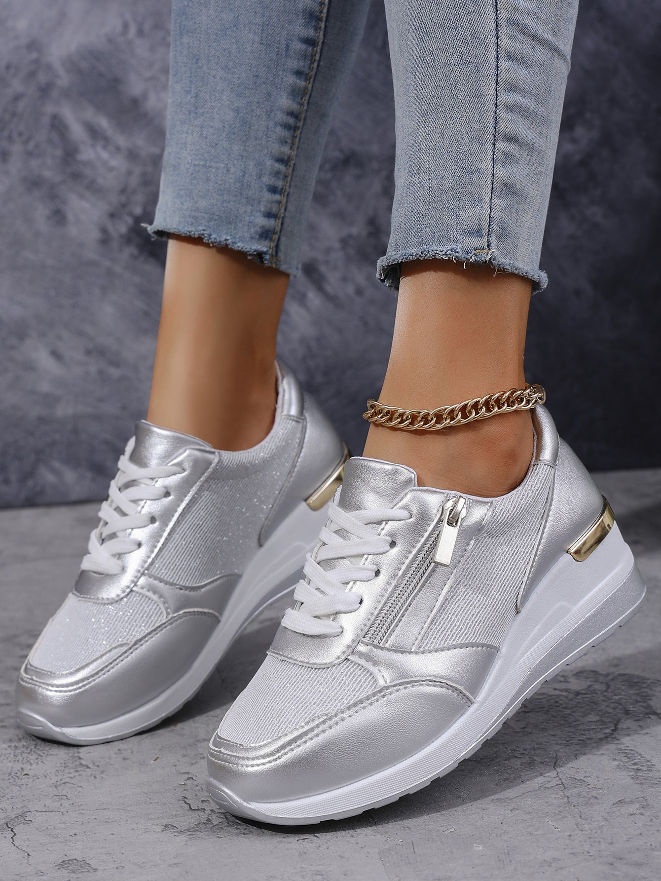 Chaussures décontractées à lacets pour femmes, à fermeture éclair latérale, semelle épaisse, pour la marche, la course et le sport