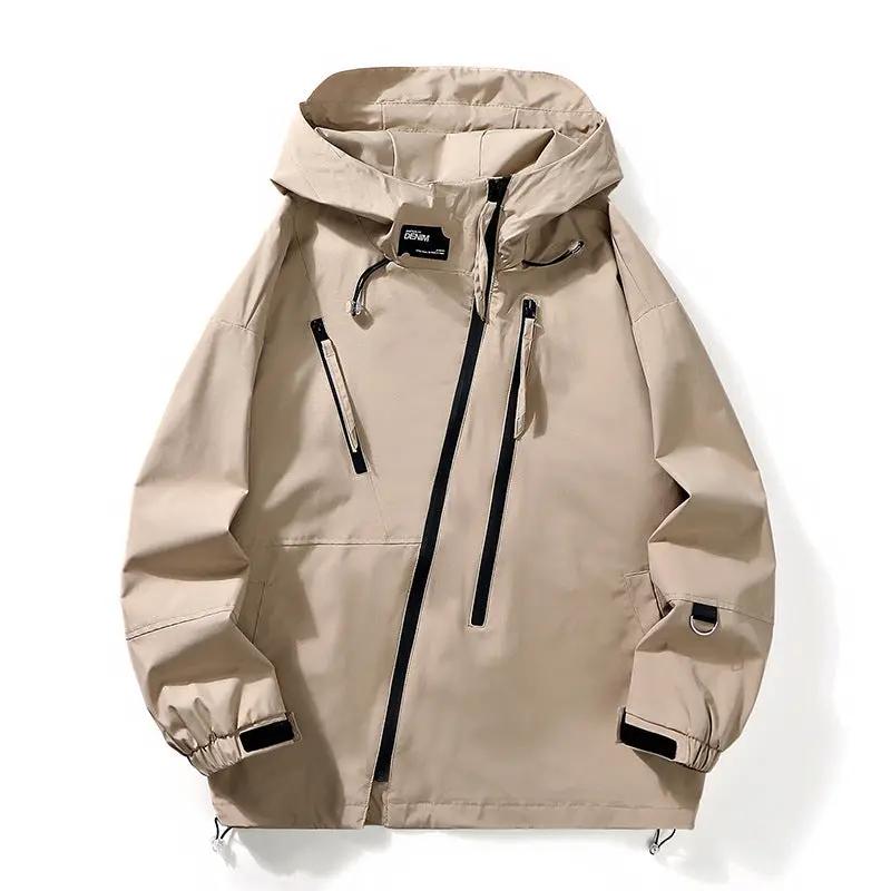Mens AdTec beige hooded workwear jacket with black zippers