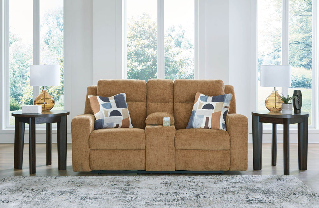 Kanlow - Dbl Reclining Loveseat With Console - Fabric - Honey-2